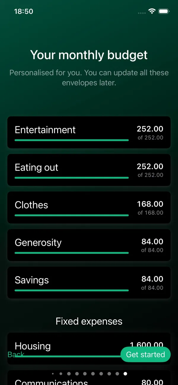 Envelopes onboarding in dark mode suggesting a personalised monthly budget with envelopes for eating out, entertainment, clothes, and savings