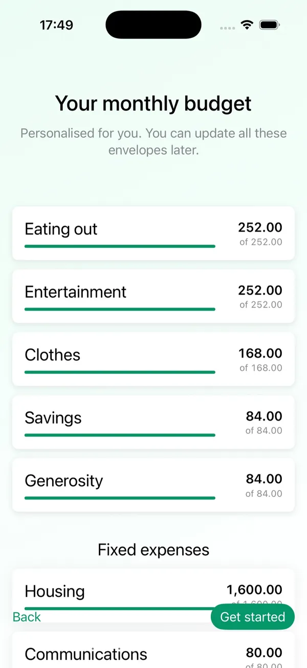 Envelopes onboarding suggesting a personalised monthly budget with envelopes for eating out, entertainment, clothes, and savings