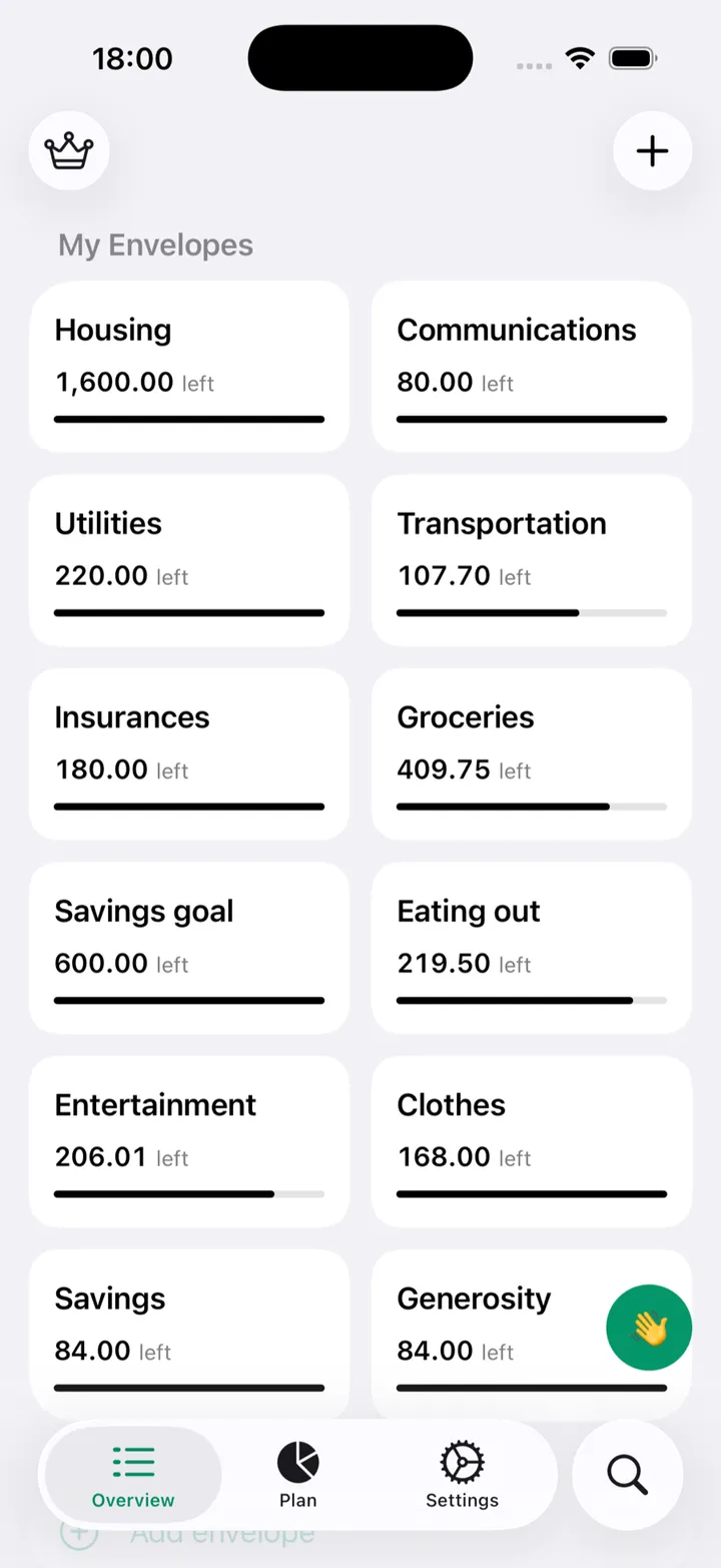 The Envelopes overview screen showing a monthly budget split across envelopes like Housing, Groceries, and Eating out, each with its remaining balance