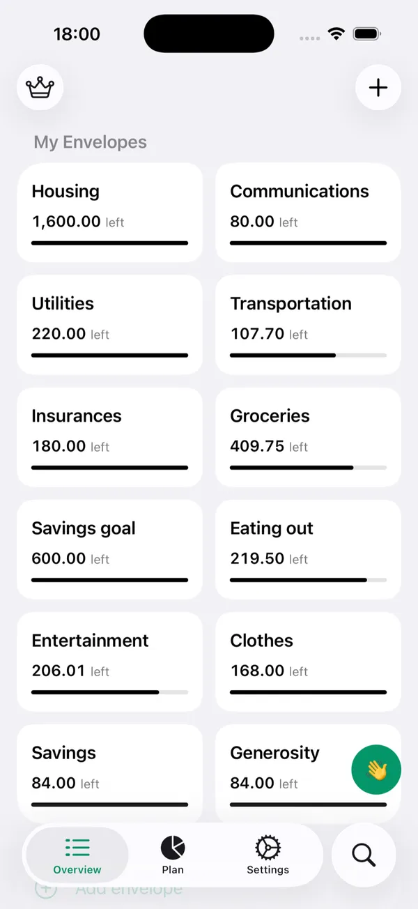 Overview screen with all envelopes and their remaining balances